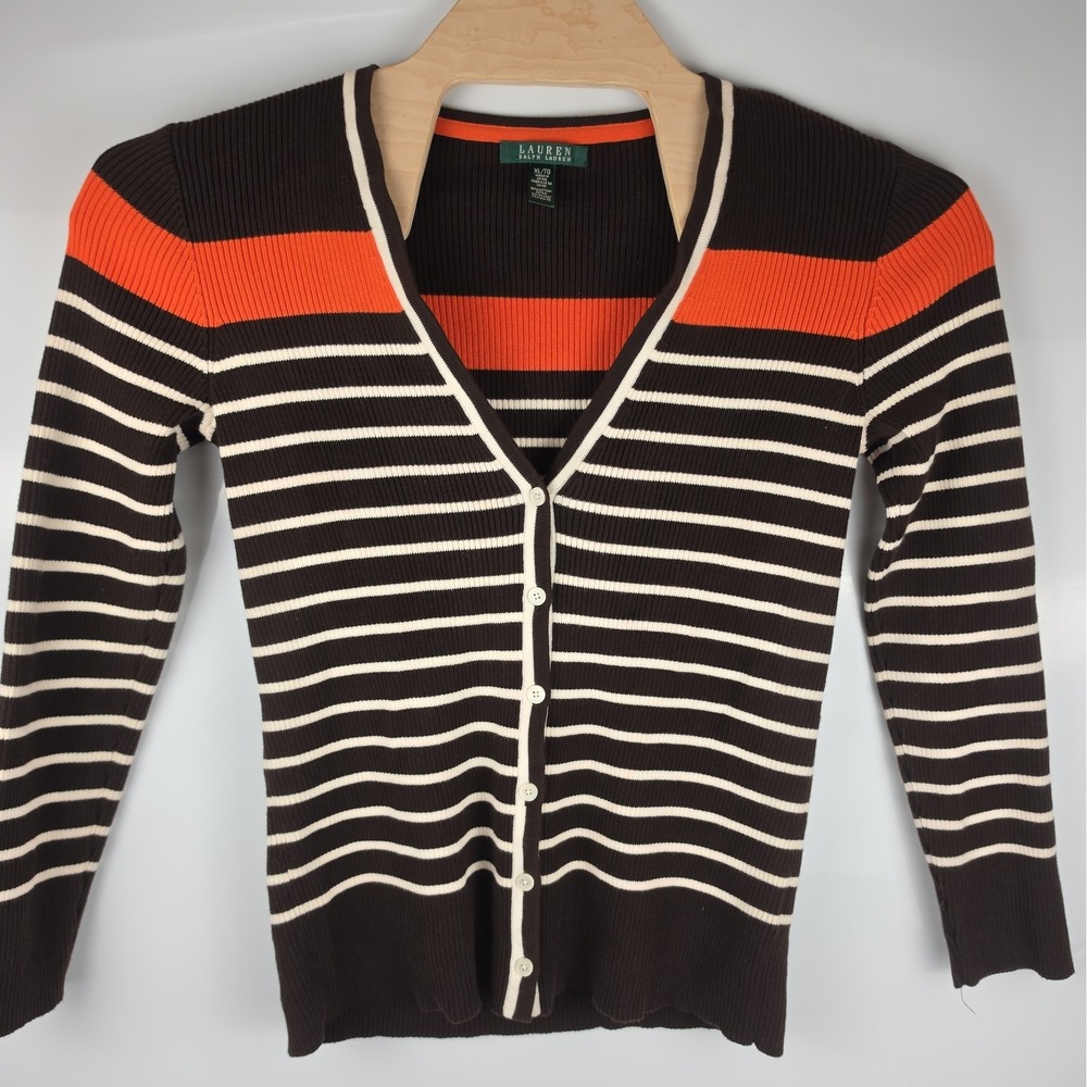 Lauren Ralph Lauren Brown Orange White Button Down Cardigan Sweater Size XL
